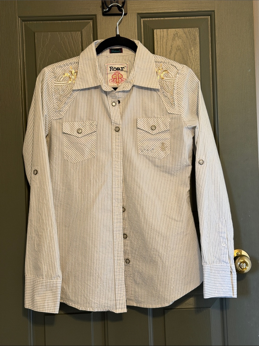 Roar Cream Striped Button-Down Shirt with Gold Embroidery